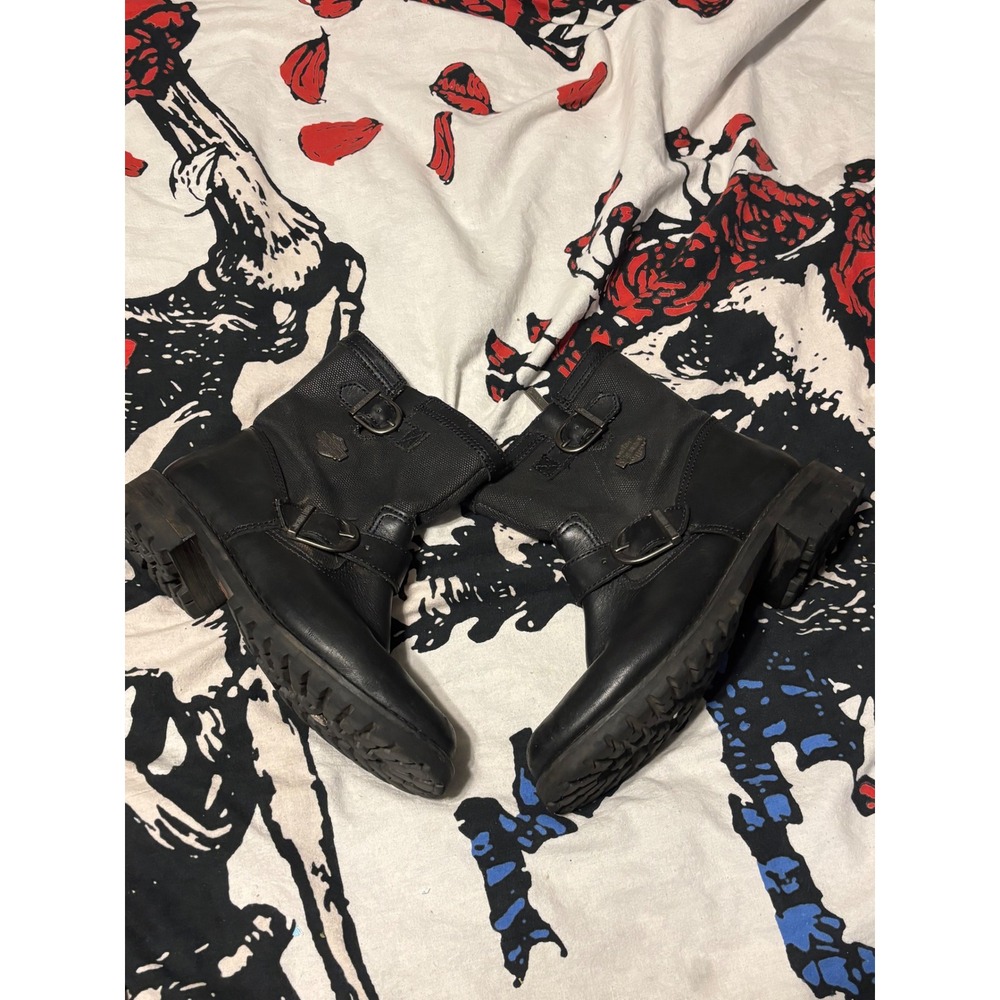Harley Davidson Womens Black Leather Textile Moto Ankle Boots Buckle Lug Sole